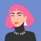 Portrait of beautiful Asian teenage girl with pink hair and the necklace with inscription girl power. International