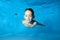 Portrait of a beautiful athletic boy underwater in the pool. Fun dives under the water. Swimming classes. Bodily