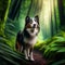 Portrait of a beautiful Australian Shepherd in a green forest. Aussie walks in the forest. generative AI