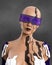 Portrait of a beautiful bald cyberpunk woman wearing futuristic outfit and visor, with a cyberpunk tattoo. 3D rendering isolated