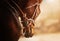 Portrait of a beautiful bay horse with a leather bridle and a snaffle on its muzzle, which jumps on a sunny day. Equestrian sports