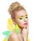 Portrait of beautiful blonde woman. Vivid colored summer make-up.