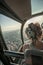 Portrait of beautiful blonde women enjoying helicopter flight. She is amazed by cityscape