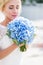 Portrait of a beautiful bride with blue bridal bouquet