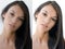 Portrait of a beautiful brunette girl before and after retouching with photoshop.