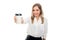 Portrait of beautiful business woman handing cup of coffee