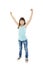 Portrait of a beautiful and confident girl with arms on the air. Excited little girl celebrates