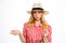 Portrait of beautiful country girl with chamomile over white background.