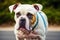 Portrait of a beautiful dog breed English Bulldog. A beautiful American Bulldog dog in the park. Generative AI