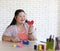 Portrait beautiful Down syndrome woman at home with a happy and smile