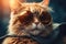 Portrait of a beautiful ginger cat with sunglasses. Fashion photo, Closeup portrait of a funny ginger cat wearing sunglasses, AI