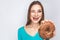 Portrait of beautiful girl with chocolate donuts.