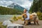 Portrait of the beautiful girl with chow-chow dog