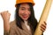 Portrait of beautiful and happy Asian Korean woman in hardhat holding building blueprints as architect engineer or constructor