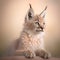 Portrait of a beautiful lynx kitten sitting on the sand.