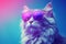 Portrait of a beautiful Maine coon cat wearing sunglasses on a pink background