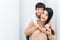 Portrait beautiful mother and child happily hugged. Asian family mom and child are hugging and looking at the camera, cute and