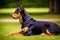 Portrait of a beautiful purebred doberman dog in the park. Generative AI