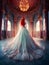 Portrait of a beautiful red headed female wearing a flowing majestic gown with a fantasy ballroom background.