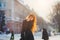 Portrait beautiful redhair girl in frosty winter weather.