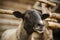 Portrait of a beautiful sheep stands in a paddock with a wooden fence on a farm. Livestock