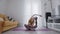 Portrait of a beautiful slim sporty woman practicing yoga on a mat. Woman warms up before training