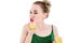 Portrait of a beautiful, slim, young girl who eats a lemon.