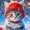 Portrait of a beautiful tabby kitten - Santa on a snowy background. Christmas background with kitten