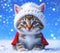 Portrait of a beautiful tabby kitten - Santa on a snowy background. Christmas background with kitten