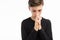 Portrait of a beautiful teenager, a guy praying, thinking about