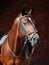 Portrait of beautiful Trakehner stallion on stable background.  sunny morning