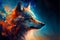 Portrait of a beautiful wolf with cosmic background. Digital painting.