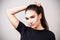 Portrait of beautiful woman with vitiligo in black t-shirt.