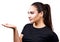 Portrait of beautiful woman with vitiligo in black t-shirt.