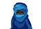 Portrait of beautiful woman wearing blue tuareg scarf. Young girl in national costume of african tribal nomads. Blue ethnic Turban