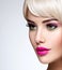 Portrait of a Beautiful  woman with  white straight  hairs and pink eye make-up