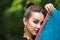 Portrait of beautiful young asian Thai girl.  Woman model with kundan jewelry set and traditional hindu India costume and lehenga