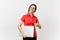 Portrait of beautiful young business teacher woman user in red shirt, glasses holding laptop pc computer underarm