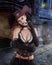 Portrait of beautiful young fantasy steampunk woman standing in Victorian street. 3D rendering