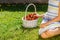 Portrait of beautiful young girl with basket of strawberries.