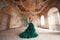 Portrait of a beautiful young girl in a Haute couture green dress