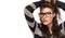 Portrait of a beautiful young woman wearing glasses. Cool Trendy Panorama Banner Eyewear Portrait isolated on white