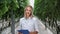 Portrait beauty woman botanist scientist gardener agronomist posing between cucumber rows greenhouse