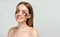 Portrait of Beauty woman with eye patches showing an effect of perfect skin. Beautiful face of young adult woman with clean fresh