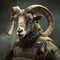 Portrait of a bighorn sheep dressed in a tactical military outfit on a clean background. Farm animals. Illustration, Generative AI