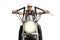 Portrait of biker with sunglasses riding a custom motorbike