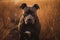 Portrait of black and brown pitbull in field, created using generative ai technology