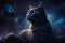 A portrait of a black cat on a starry sky background. Created with Generative AI