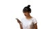 Portrait of black hair young Philippine Asian student woman in white T-shirt holding mobile telephone on white background
