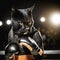 Portrait of a black puma cat in a fighting stance at a boxing ring